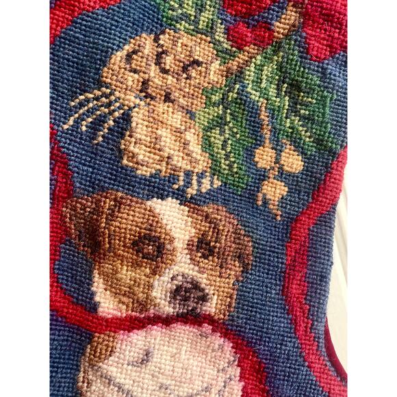 Handmade Needlepoint Holiday Stocking with Dog Motif Classic Tapestry Look - Picture 2 of 4